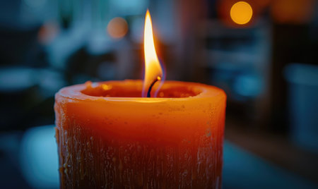 Close-up of a flickering candle flame casting a warm glowの素材