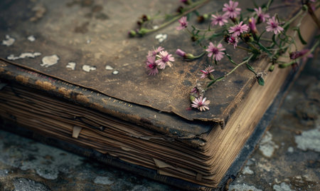 Close-up of a weathered old book with wildflowers growing from its spineの素材