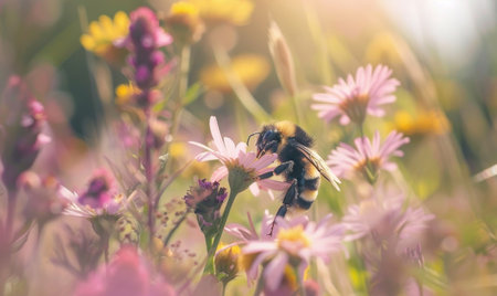 Bumblebee collecting pollen from flowers, closeup view, selective focusの素材