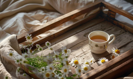 Chamomile tea set on a wooden trayの素材
