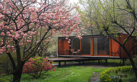 A cozy modern wooden cabin in cherry blossom trees and lush greenery in a spring gardenの素材