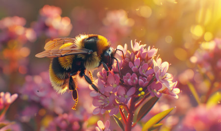 Bumblebee collecting pollen from flowers, closeup view, selective focusの素材