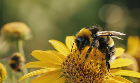 Bumblebee collecting pollen from flowers, closeup view, selective focusの素材