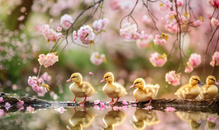 A group of fluffy ducklings waddling near a pond surrounded by blooming treesの素材