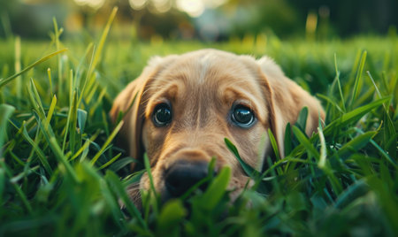 Close-up of a curious Labrador puppy exploring a grassy fieldの素材