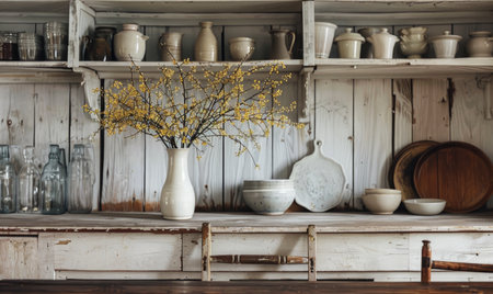 An old farmhouse kitchen with a simple enamel vase with yellow wild flowersの素材
