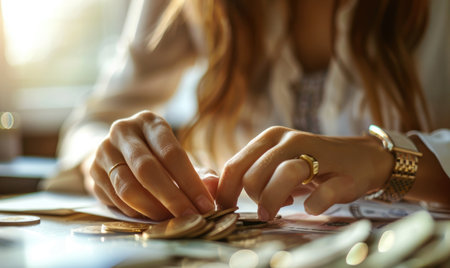 Close-up of a businesswoman's hands counting moneyの素材