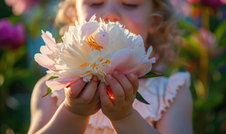 Close-up of a peony flower being held by a child in a gardenの素材