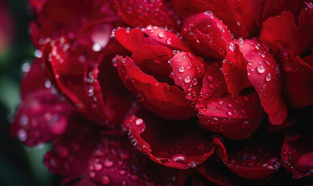 Close-up of a red peony with raindrops glistening on its petalsの素材