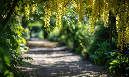 Laburnum flowers casting dappled shadows on a garden pathの素材