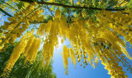Laburnum blossoms forming a canopy of golden flowersの素材
