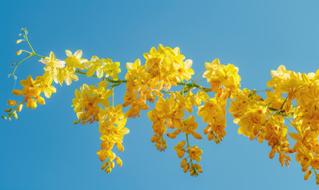 Laburnum flowers with their vibrant color contrasting against a blue skyの素材
