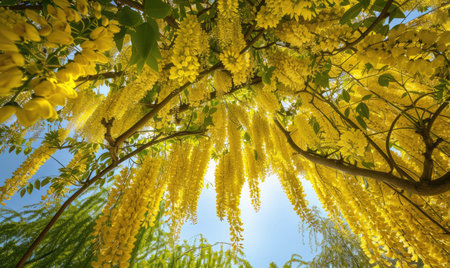 Laburnum blossoms forming a canopy of golden flowersの素材