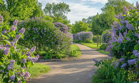Lilac bushes lining a pathway in a botanical gardenの素材