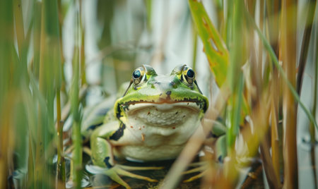 Rana arvalis amidst reeds by a pondの素材
