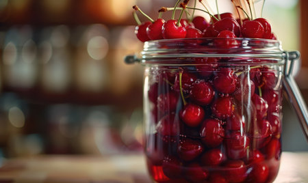 Ripe cherries showcased in a glass jar filled with clear syrupの素材