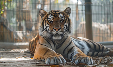 A captive Indochinese tiger lounging in its enclosure at a wildlife sanctuaryの素材