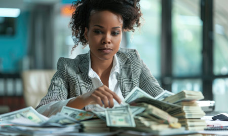 A businesswoman sits at her deskの素材