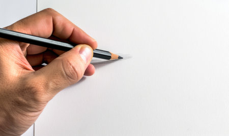 A hand holding a graphite pencil poised over a blank sheet of white paperの素材