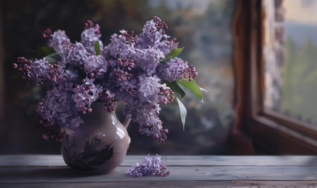 A lilac bouquet arranged in a vintage pitcherの素材