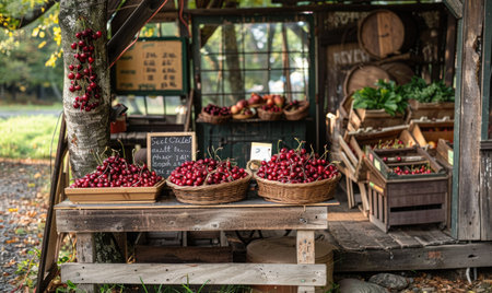 A quaint roadside stand selling baskets of ripe cherriesの素材