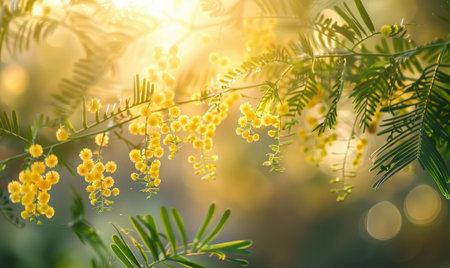 Closeup view of yellow mimosa flower branch with bokeh backgroundの素材