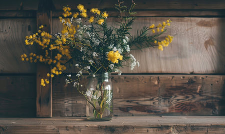 A rustic mantel adorned with a mason jar filled with Mimosa branchesの素材