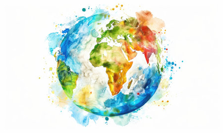 Watercolor painting of Earth with colorful continentsの素材