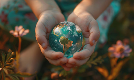 Child's hands holding a miniature Earth globeの素材