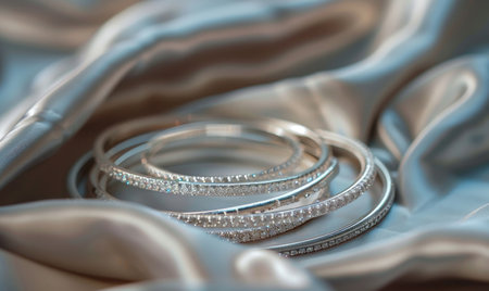 Set of silver bracelets arranged on a satin material backgroundの素材
