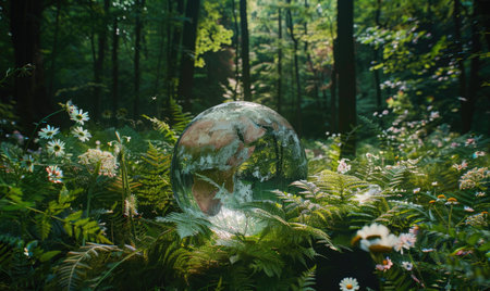 Earth globe nestled among ferns and wildflowers in a secluded forest gladeの素材