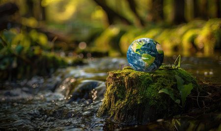 Earth globe perched on a mossy tree stump at the edge of a forest streamの素材
