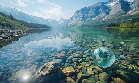 Earth globe floating on the clear surface of a mountain lakeの素材