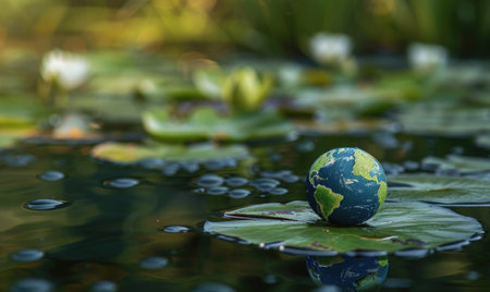 Earth globe floating on a lily pad in a serene pondの素材
