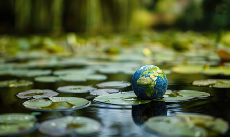 Earth globe floating on a lily pad in a serene pondの素材