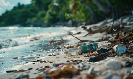 Trash washed ashore on a remote island beachの素材