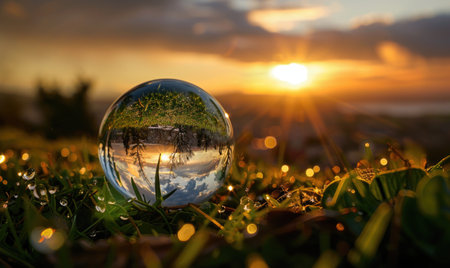 Glass sphere on the grass closeup, selective focusの素材