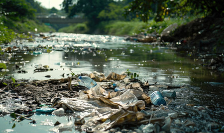 River polluted with plastic garbageの素材