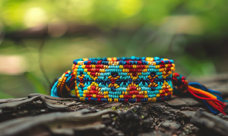 A beaded friendship bracelet with intricate knotting patternsの素材
