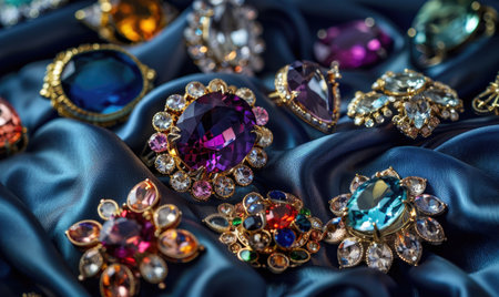 A captivating photograph showcasing a collection of vibrant gemstone brooches arranged on a luxurious satin material backgroundの素材