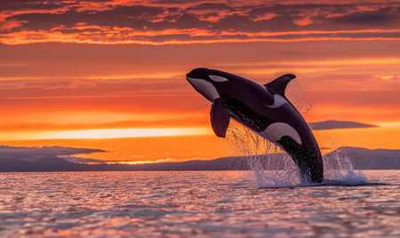 A breaching orca whale captured in mid-air against a vibrant sunset skyの素材