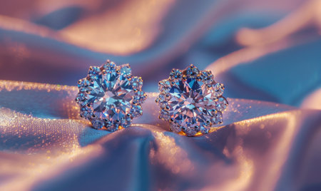 A pair of sparkling diamond earrings arranged on a sleek satin material backgroundの素材