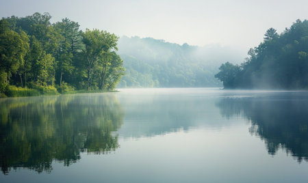 A gentle morning mist over a tranquil lake with soft reflectionsの素材