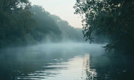 A calm riverside scene with fog rolling over the water in the early morningの素材