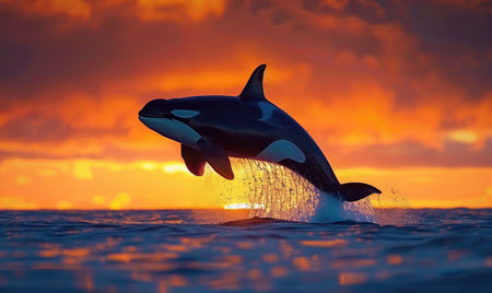 A breaching orca whale captured in mid-air against a vibrant sunset skyの素材