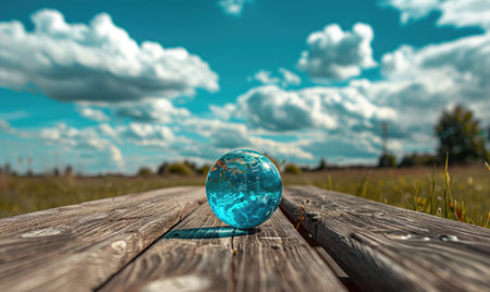 an Earth globe placed on a wooden picnic table with a bright blue sky and fluffy white cloudsの素材