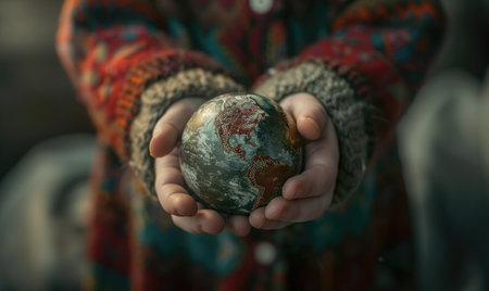 A child's hands holding an Earth globeの素材