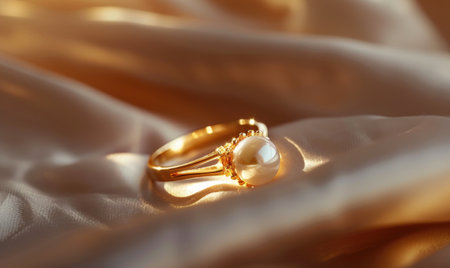 A pearl ring with a shimmering gemstone accentuated against a smooth satin material backgroundの素材