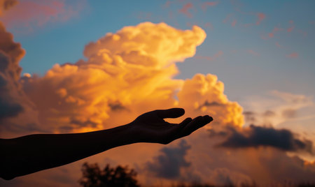 A silhouette of a hand gesturing in front of a large cloud data concept backdropの素材