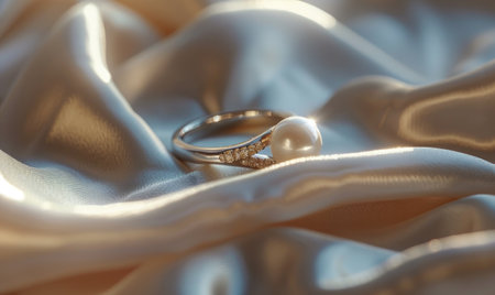 A pearl ring with a shimmering gemstone accentuated against a smooth satin material backgroundの素材